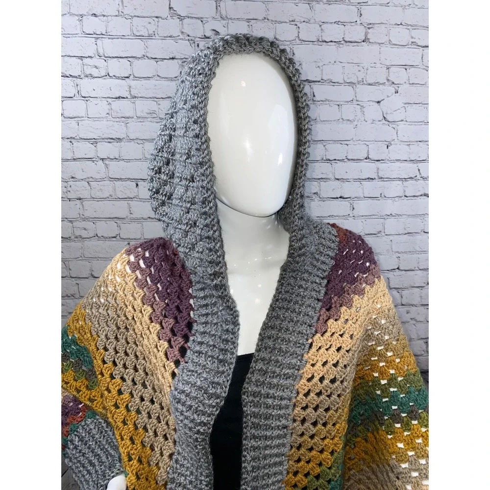 Handmade Crochet Hooded Shawl Wrap Multicolor Striped Fringe Boho Cardigan Gray